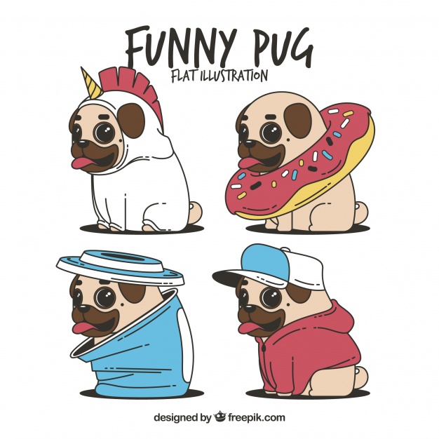 دانلود وکتور Fun set of pugs with costumes