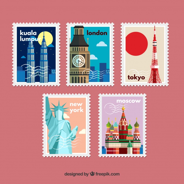 دانلود وکتور Pack of retro stamps in flat design with monuments