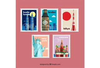 دانلود وکتور Pack of retro stamps in flat design with monuments