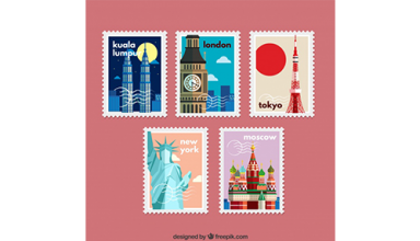 دانلود وکتور Pack of retro stamps in flat design with monuments