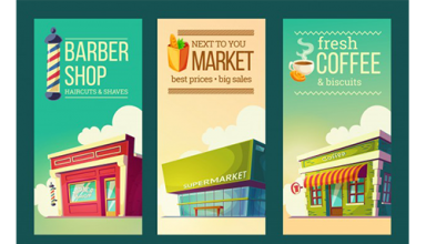 دانلود وکتور Set vertical banners in retro style with supermarket, barber shop