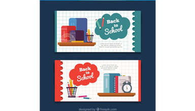 دانلود وکتور Back to school banners with flat school materials