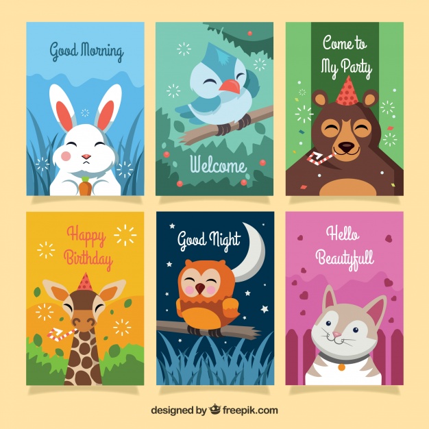 دانلود وکتور Colorful card collection with happy animals