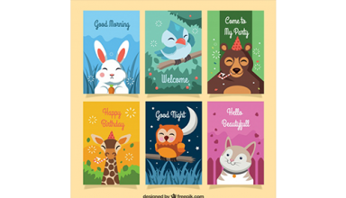 دانلود وکتور Colorful card collection with happy animals