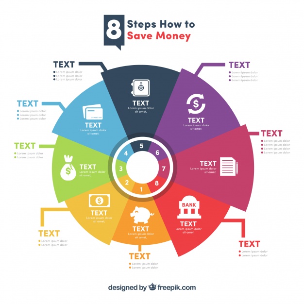 دانلود وکتور Modern infographic with eight steps to save money