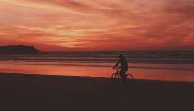 Bicyclist Sea Shore Sunset Wallpaper