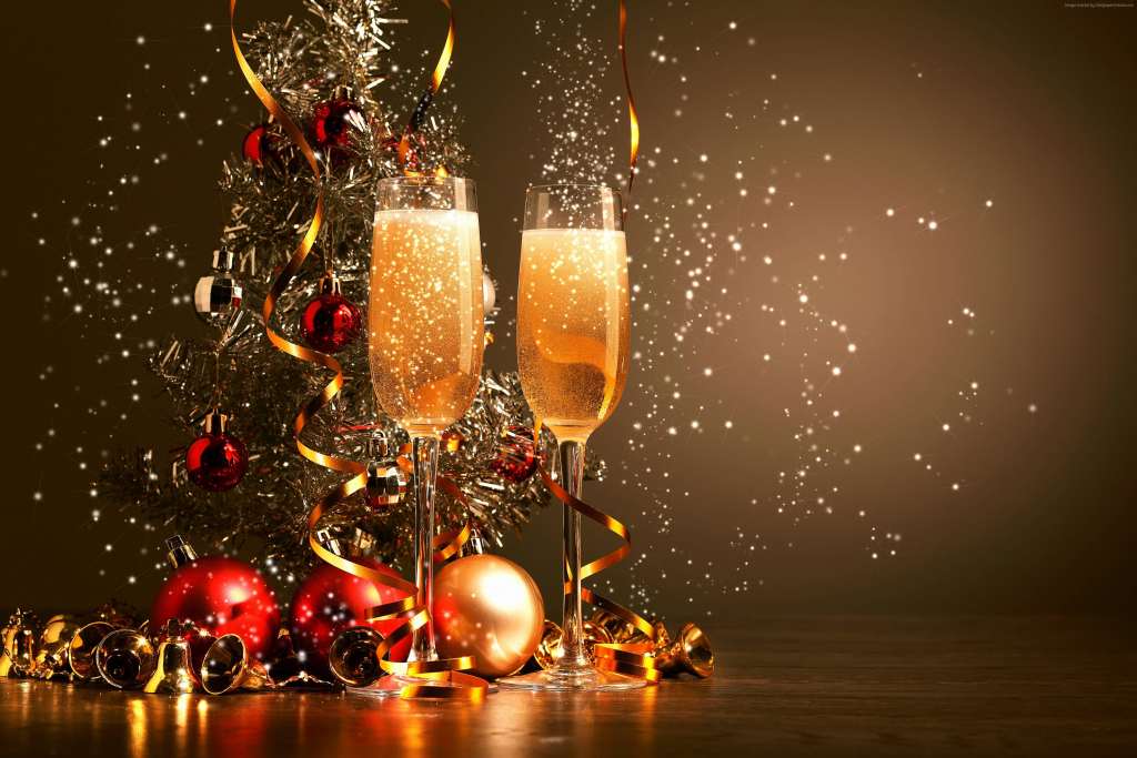 Christmas New Year Champagne Balls Decorations Wallpaper
