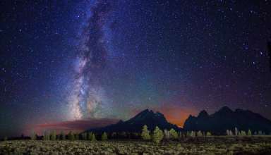 Milky Way Stars Mountains Field Night Wallpaper