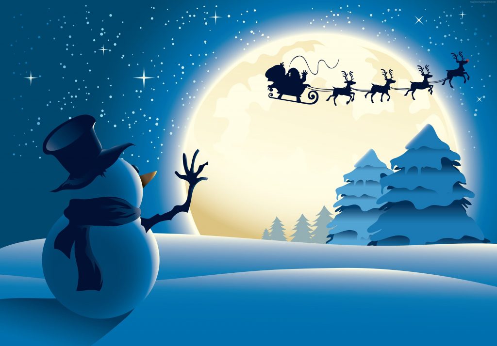 Christmas New Year Santa Deer Snowman Moon Winter 4k Wallpaper