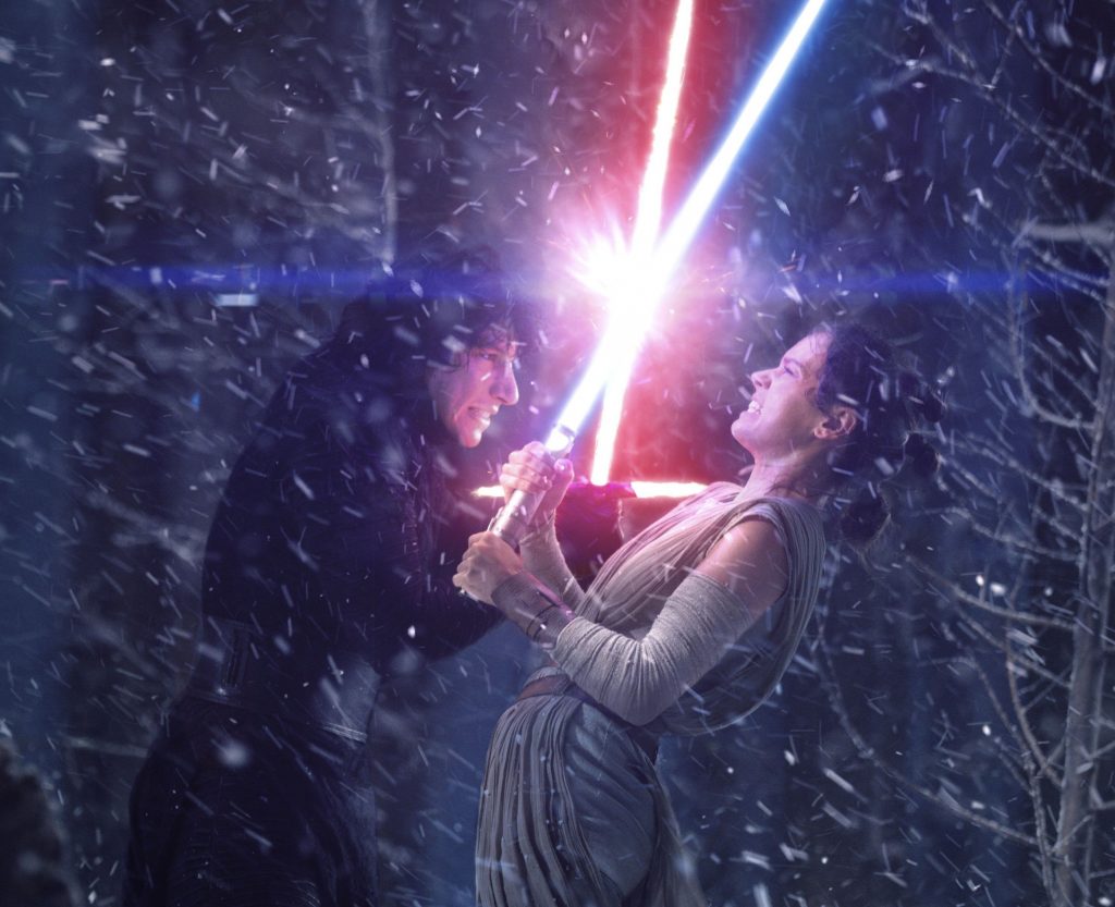 Rey and Kylo Ren Fighting With Lightsaber Wallpaper