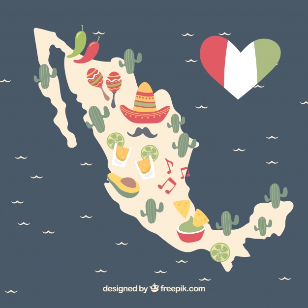 دانلود وکتور Hand drawn mexican map background with elements