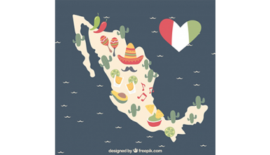 دانلود وکتور Hand drawn mexican map background with elements