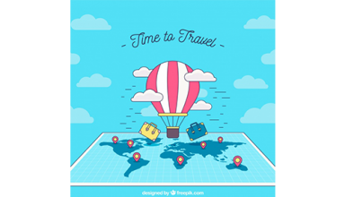 دانلود وکتور Travel background with balloon above map