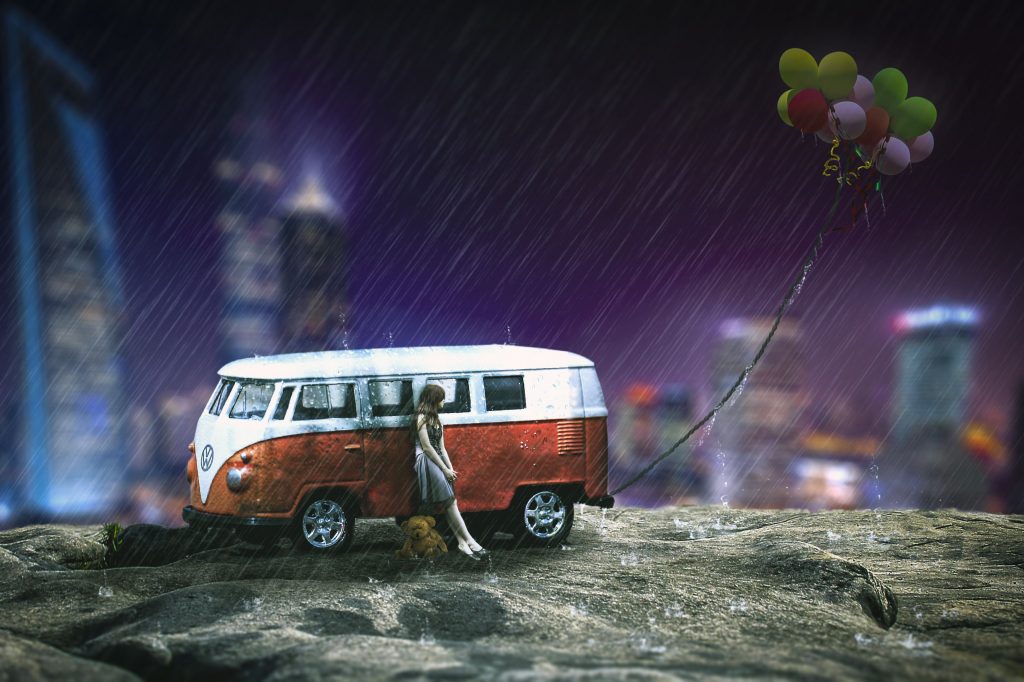 Girl Volkswagen Teddy Bear Balloon City Fantasy Artwork Wallpaper