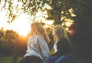 Two Women Sitting Near Green Tree During Sunset Wallpaper