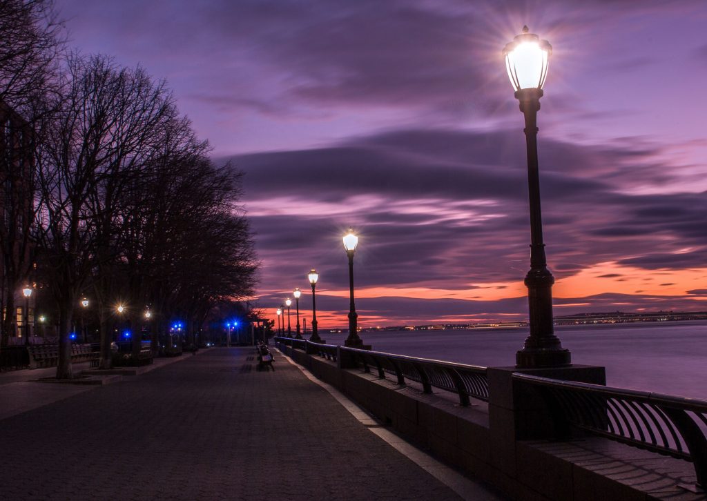 Evening Street Lamp Beside Bay Wallpaper