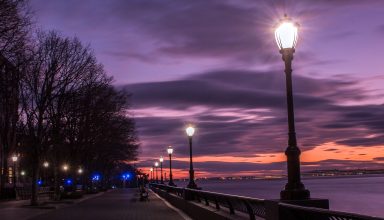 Evening Street Lamp Beside Bay Wallpaper