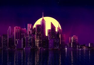 Neon City Buildings Reflection Skycrapper Minimalism Wallpaper