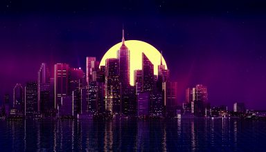 Neon City Buildings Reflection Skycrapper Minimalism Wallpaper