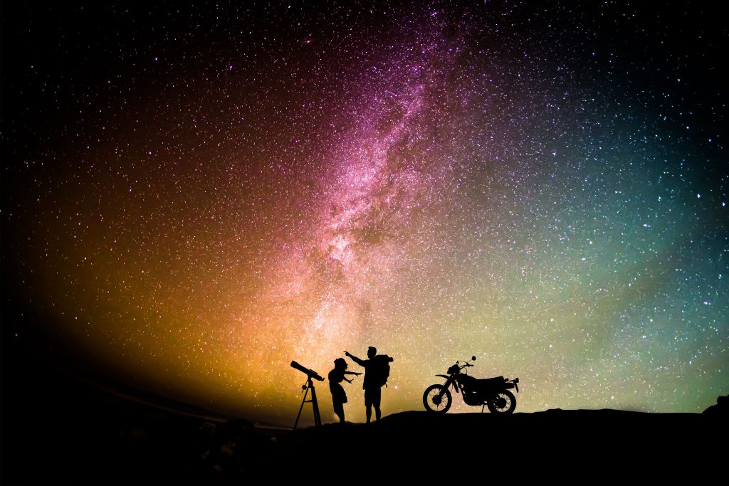 Couple Motorcylist Telescope Aurora Sky Wallpaper
