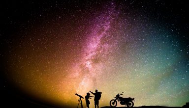 Couple Motorcylist Telescope Aurora Sky Wallpaper